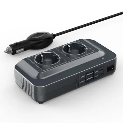 BESTEK - Convertidor de 12 V, 220 V, 230 V, 200 W, Transformador de tensión, 4 Puertos USB y 2 enchufes UE, Cargador de Coche para Camping con múltiples Protecciones y Soft Start