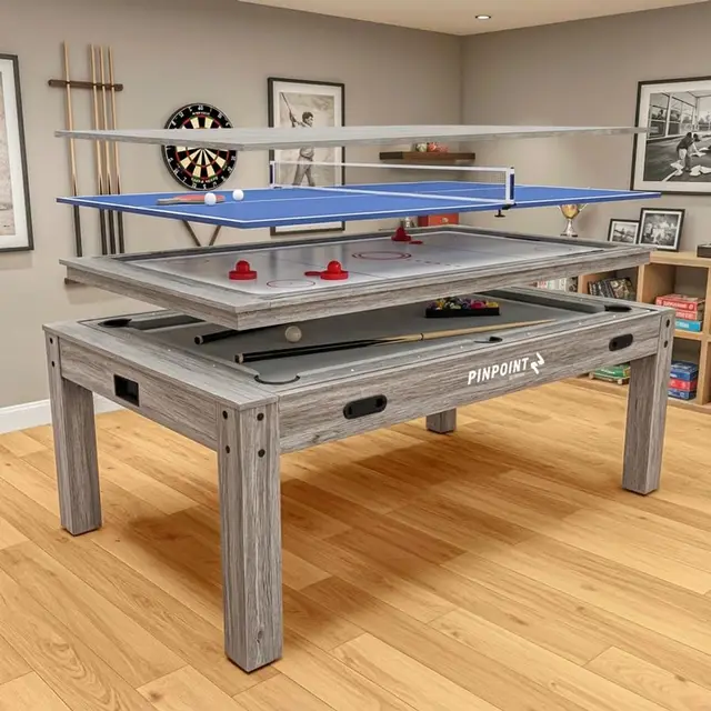 PINPOINT Mesa de juegos 4 en 1 – Billar, hockey de aire, tenis de mesa y juegos de mesa – Mesa de interior de tamaño completo de 7 pies con accesorios incluidos – Acabado de madera flotante gris para