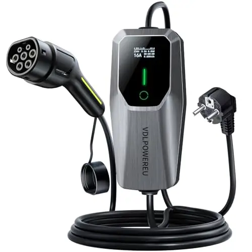 Cargador Coche Electrico, Cargador de Vehículo Eléctrico de 3,68 Kw / 6-16A Tipo 2 con Enchufe Schuko, 5m Cable de Carga de Vehículo Eléctrico con Pantalla Digita, IEC 62196-2, IP65