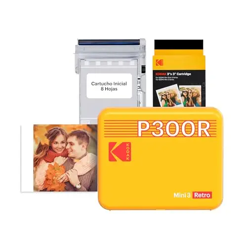 KODAK Mini 3 Retro Impresora Fotográfica Portátil 7,6 x 7,6 cm, 38 Hojas, Impresora Bluetooth para Smartphone iPhone & Android, Impresión Instantánea en Color, Sublimación 4PASS, Amarillo