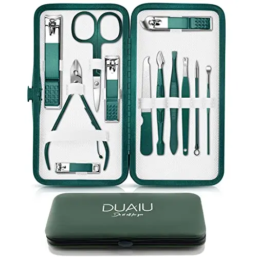 DUAIU Set de Manicura y Pedicura,12 Piezas Kit Manicura Profesional, Set Manicura de Acero Inoxidable para Hombre Muje Kit de Cuidado de UñAs con Estuche de Viaje