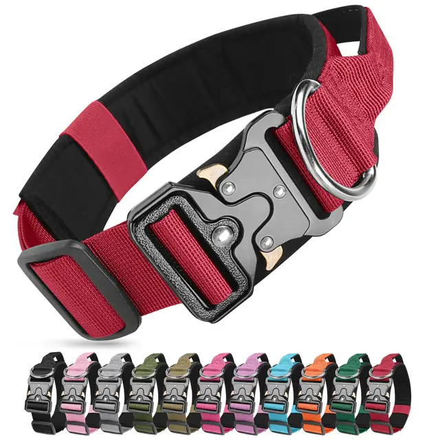 Collar Táctico para Perro, Ajustable Collar Perro de Nailon Acolchado con Hebilla de Metal, Collares de Entrenamiento con Mango de Control para Perros Medianos y Grandes (Rojo, M)