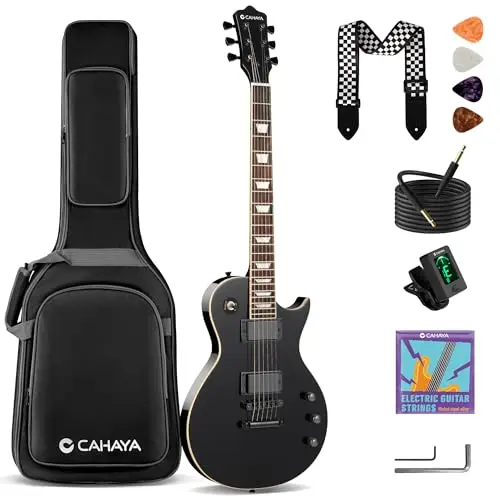 CAHAYA Guitarra Eléctrica LP 39": Kit para Principiantes, Cuerpo de Okoumé, Mástil de Arce, 2 Pastillas Humbucker, con Funda, Correa y Cable, Negro