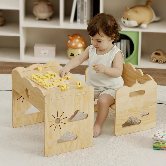 Madera Mesa Infantil con sillas,Silla Mesas Montessori, Juego de Mesa y Silla Infantil, Ideal para Comidas, Aprendizaje y Juego, para Leer, Fácil de Instalar