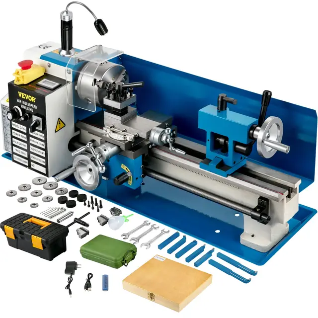 VEVOR Mini Torno de Metal 550W 7"x14" 0-2500 RPM Fresadora Con Hilo en Pulgadas 12-52 TPI y Rosca Métrica 0,5-2,5 mm Para Metales Blandos, Aluminio, Cobre, Vidrio