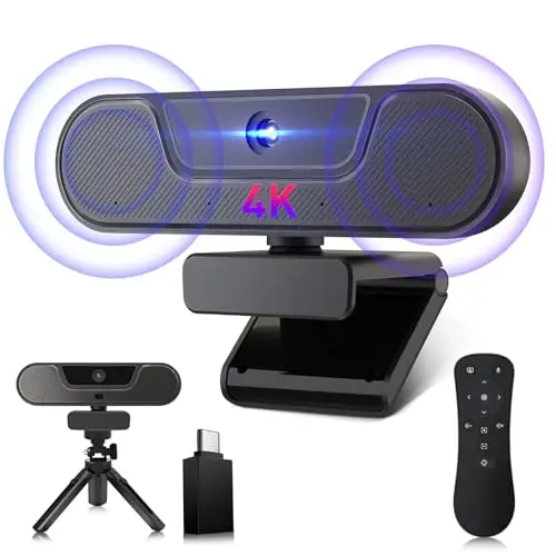 V20 Webcam 4k, Cámara Web FHD con Micrófonos y Altavoces, Control Remoto, Autofocus, Zoom, 112°View, Plug&Play, Tapa de privacidad, Reducción de Ruido, Adecuada para Conferencias y Streaming