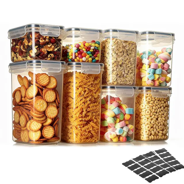 VINATO Botes Cocina Almacenaje, Juego de 8 Recipientes Herméticos para Alimentos Para Frigorífico o Armario para Almacenar Cereales, Harina, Azúcar, Pasta Juego de Etiquetas