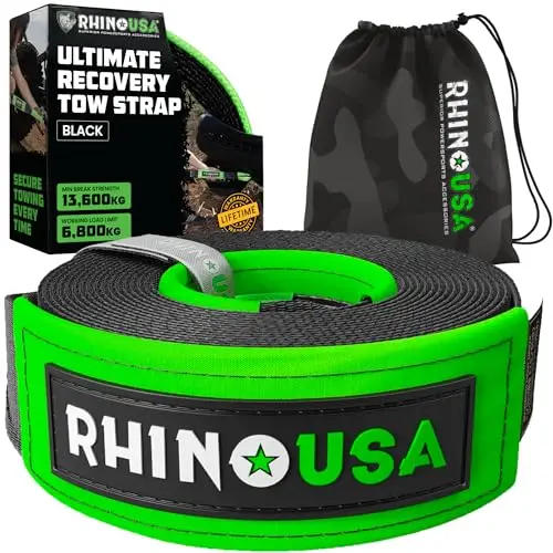Rhino USA Correa de Remolque (7,6cmX6,1m) - Resistencia a la Rotura de 13.600 kg - Cuerda de Recuperación de Emergencia para Camión, UTV, ATV - Recuperación Heavy Duty para Uso Todoterreno 4X4 - Negra