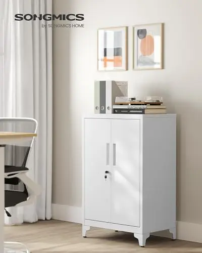 SONGMICS Archivador de Oficina, Armario Multifuncional, 2 Puertas, con Cerradura, Almacenamiento de Acero, para Sala de Estar, Blanco Mate OMC012W01