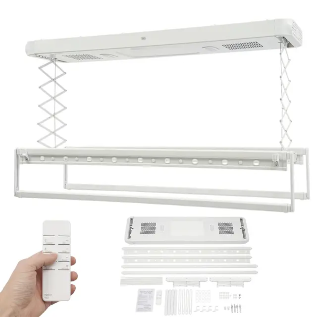 Secador de ropa eléctrico para montaje en techo, pared y techo con ventilador + control remoto + esterilización con luz azul, tendedero de ropa elevable, techo, 130 a 215 cm, ajustable