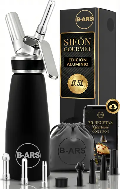 B-ARS Sifón De Cocina Profesional Aluminio 500ML Negro con Boquillas Plásticas Y Acero INOX Cepillo Limpieza Bolsa Accesorios Ideal para Espumas Dulces Y Saladas Nata Mousse Fácil De Usar