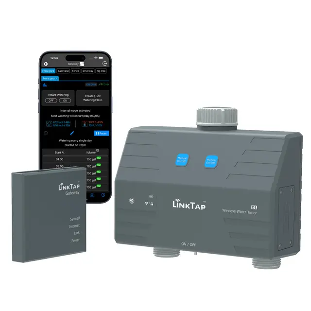 LinkTap D1 Programador Riego Inteligente con Gateway, 2 Zonas Separadas, Medidores de Flujo Integrados, Adaptable al Clima, Rango Más Amplio Que WiFi, Detección de Fallos en Tiempo Real, IP66