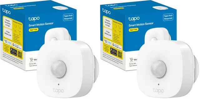 TP-Link Tapo T100 - Detector de Movimiento WiFi, Amplia Cobertura, Sensor de Alarma Antirrobo,Rotación 120º, Montaje Magnético, Control App Tapo, Requiere Hub (Paquete de 2)