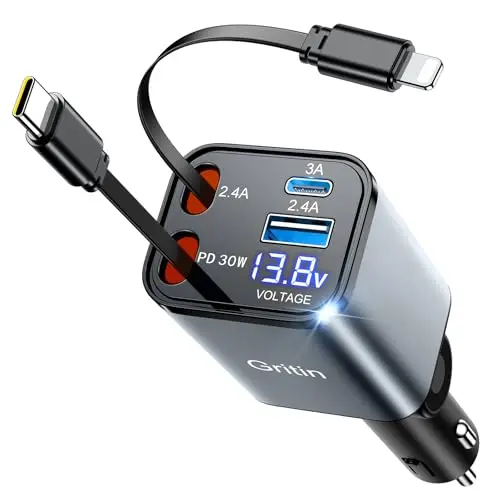 Gritin Retráctil Cargador Coche,69W PD 3.0Adaptador Cargador Mechero Rápido | 4 en 1 Car Charger, 80cm Retráctil Cable, 2 Puertos USB, Compatible iPhone 16/15/14/13/12/11/iPad/Galaxy/Android