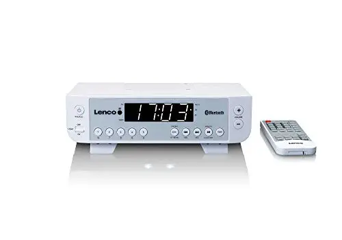 Lenco KCR-100 - Radio de Cocina bajo Mueble con Bluetooth, FM PLL, 5 presintonías, LED, 2x1 W RMS, Reloj con Temporizador, Mando a Distancia - Blanco
