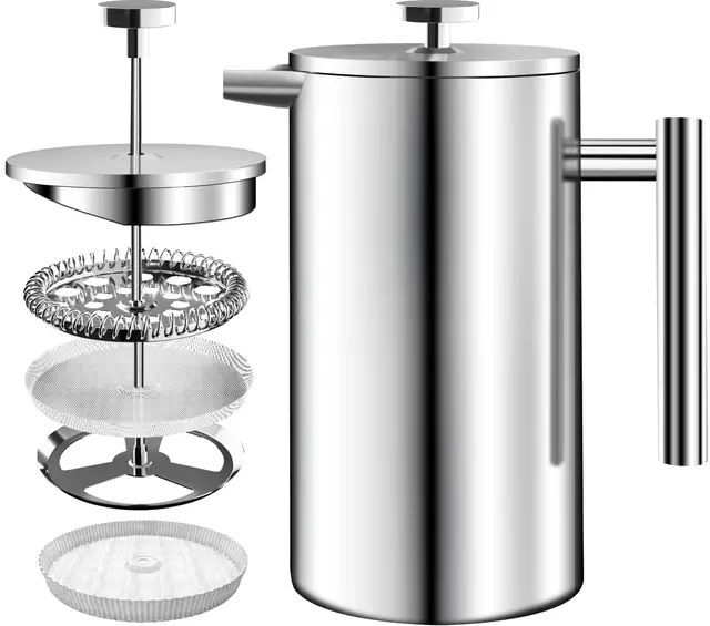 KICHLY Cafetiere Cafetera de prensa francesa de acero inoxidable de 8 tazas, prensa de café con sistema de filtración de 3 niveles, cafetera aislada de doble pared con 1 filtro adicional - 1000 ml -