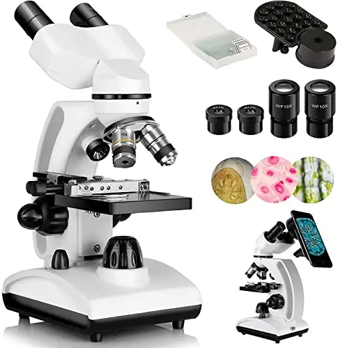 Cowiewie Microscopio Binocular Profesional 40X-1000X, microscopio de luz incidente y transmitida, transmisivo y Reflectante con Ocular e iluminación LED, microscopio para Estudiantes con portaobjetos