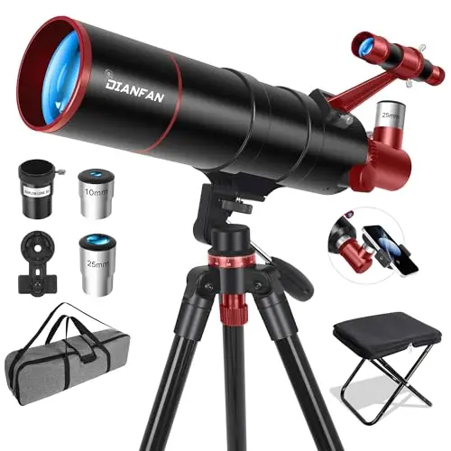 Dianfan Telescopio 90/550 Astronómico para Adultos, Telescopio Refractor Portátil para Principiantes con Montura AZ, Trípode, Adaptador para Teléfono, Bolsa de Transporte y Taburete Plegable