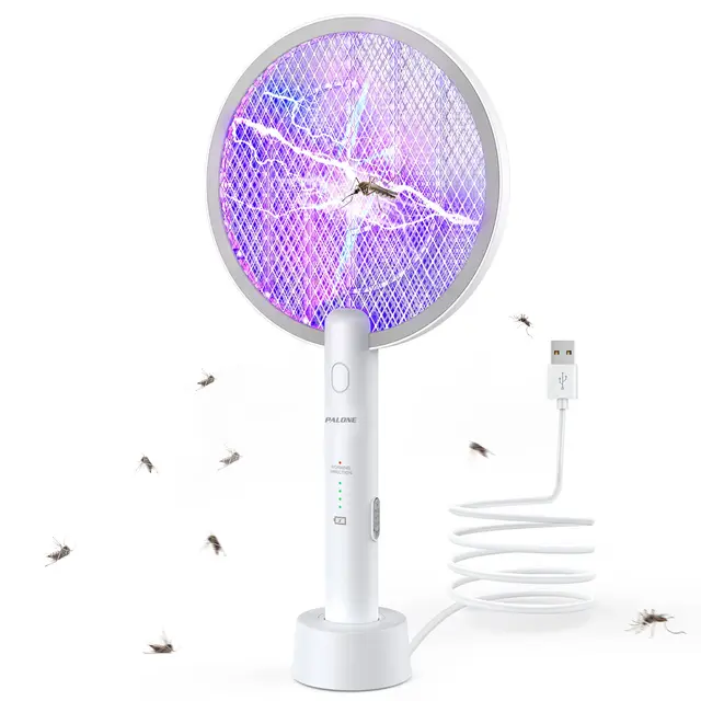 PALONE Raqueta Mosquitos Electrica 2 en 1, 4000V Raqueta Matamoscas Electrica Recargable vía USB con Base de Carga, Elimina Mosquitos e Insectos Voladores para Interior y Exterior (Blanco)
