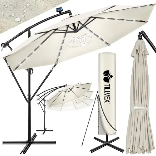 tillvex 300/350 cm Sombrilla Excentrico con 32 Luces LED Solar | Parasol para Terraza Jardín Balcón Patio | con Manivela y Base en Cruz, Giratorio 360º, Protección UV