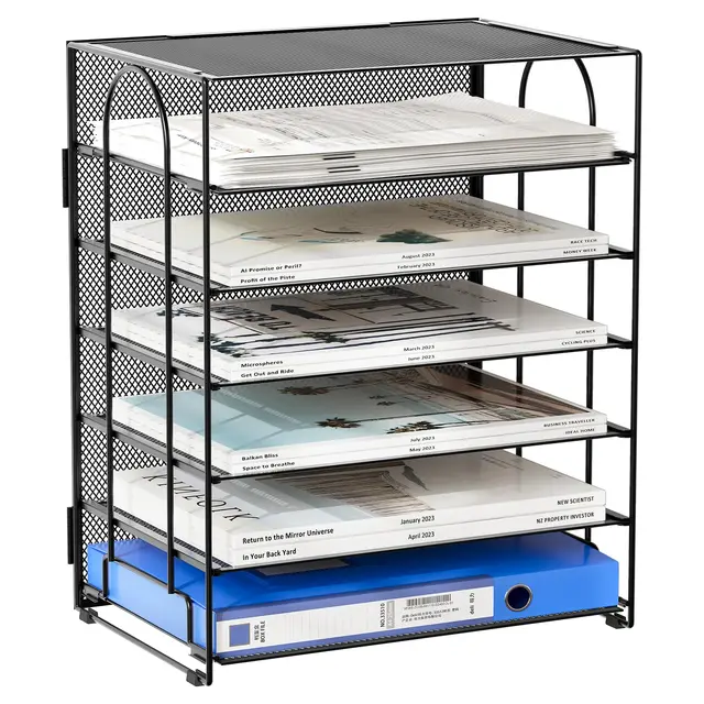 EasyPAG 6 Niveles Metal Malla A4 Bandeja Archivo Organizador Revistero Almacenamiento Papeles Soporte Documentos Clasificador Escritorio Estante Cartas,Negro