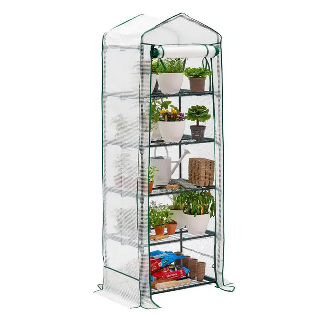 Invernadero de Terraza y Jardín - para Cultivar Tus Propias Verduras y Flores - con Cubierta de Plástico y Estantes de Alambre Resistentes - Ideal para Espacios Reducidos (5 Niveles)