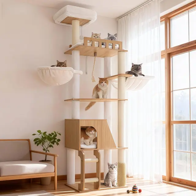 Hey-brother Árbol para Gatos de Madera Moderno, Rascador para Gatos 184 cm, Multinivel Estable con Plataformas Grandes, Hamaca, Cueva para Gatos, Máquina Peinadora y Escalera, Roble Blanco MPJ121BT