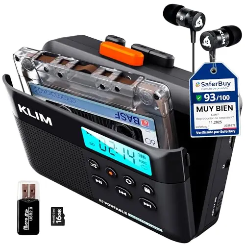 KLIM K7 Reproductor Cassette - Conversor de Cassette a MP3 - Player Portátil con Micrófono y Altavoz Integrados - Batería Recargable - Auriculares - Tarjeta SD 16 GB - Negro-Naranja