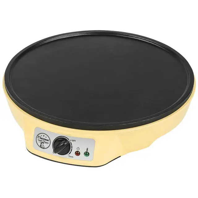 Bestron Crepera de diseño retro, Crepera electrica para crepes de Ø 30 cm, incl. esparcidor de masa y volteador de crepes, con revestimiento antiadherente, 1000 vatios, color: amarillo