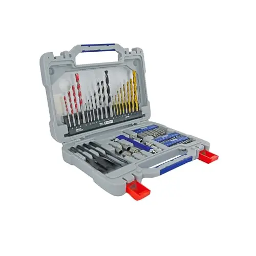 TIVOLY - Caja de Brocas + Puntas - Para Perforación y Atornillado - Maletín de 60 Piezas: 8 Brocas de Metal, 7 Brocas de Madera, 4 Mechas de Madera, 4 Brocas de Hormigón, 1 Portapuntas + 30 Puntas