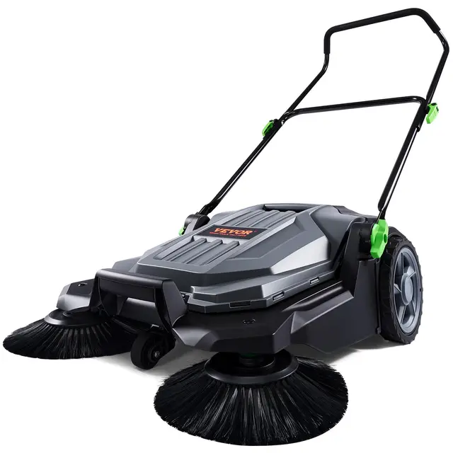 VEVOR Barredora de Suelo de Empuje, Barredora Mecánica, Ancho de Barrido 65 cm, Escoba Manual, Contenedor de Residuos 18.9 L, Mango Plegable Ajustable en Ángulo y Altura, para Jardines, Garajes