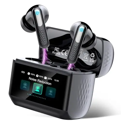 Auriculares Inalámbricos con Pantalla Táctil LED, Auriculares Bluetooth 5.4 HiFi Estéreo con HD Mic, 48H Cascos Inalambrico con Reducción de Ruido ANC+ENC, 5 Modos EQ, IP7 Impermeable, Negro Mate