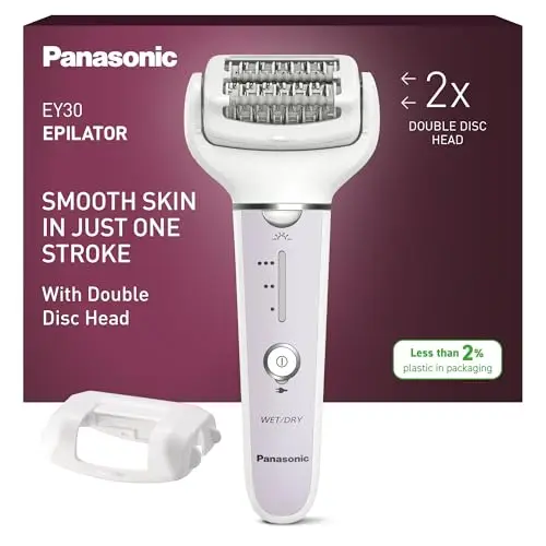 Panasonic ES-EY30-V503 Húmedo y Seco Depiladora, Doble Disco con 60 Pinzas, Flexible 90º Pivotante Cabeza, 3 velocidad Ajustes y LED Luz, 30 Minutos Operación Tiempo, Sin Cable, Cabello Removedor
