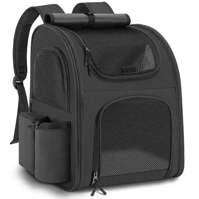 Mochila para Gatos Perros, Mochila Transportin Gato Perro 10kg, Ventanas de Malla Transpirable Bolso para Perros Pequeños Gatos Mascotas con Correa de Seguridad y Alfombra para Mascotas - Negro
