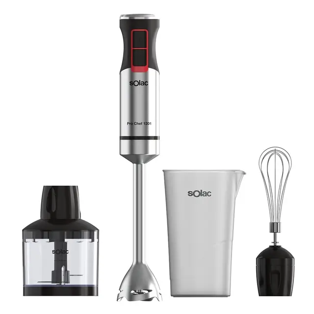 Solac - Batidora de Mano Pro Chef 1201, 1200W, 21 Velocidades Ajustables + Turbo, 4 Cuchillas Acero Inoxidable, Pica Hielo, Antisalpicaduras, Accesorios Incluidos, Vaso Medidor, Negro y Metálico