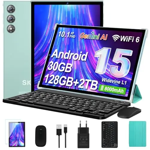 Tablet 10 Pulgadas Android 15 con Gemini AI, 30GB RAM + 128GB ROM Ampliable 2TB, Octa-Core, WiFi 6, Widevine L1, Batería 8000mAh, Cámara 8/5 MP, Teclado, Ratón y Funda, Cuerpo Metálico - Verde Claro