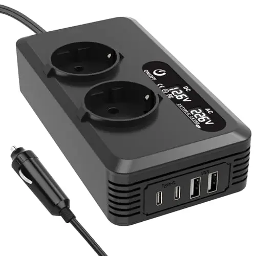 Transformador de voltaje para coche, 200 W, inversor de 12 V a 220 V, con 2 enchufes de carga, 2 puertos USB y 2 Type-C, adaptador para encendedor de cigarrillos, enchufe para teléfonos móviles