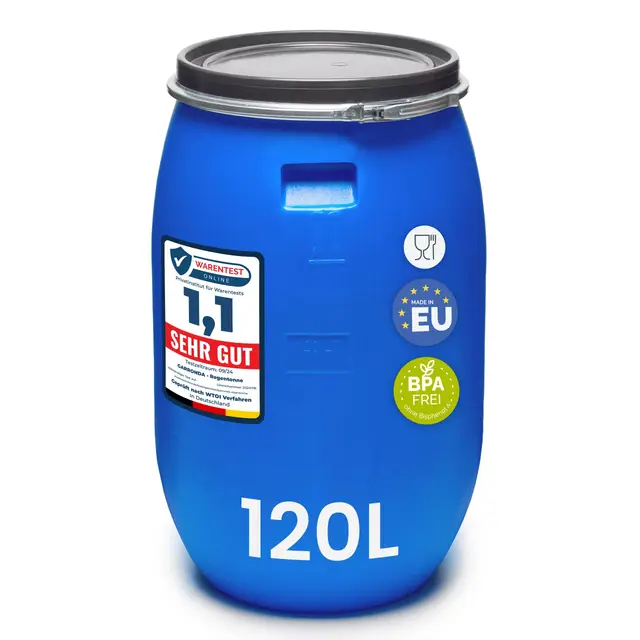 Garronda 120 litros Barril alimentario, depósito de Agua, Barril de Boca Ancha en HDPE y sin BPA, tonel de jardín, contenedor de Alimentos para Animales, Universal GD-0078, Azul