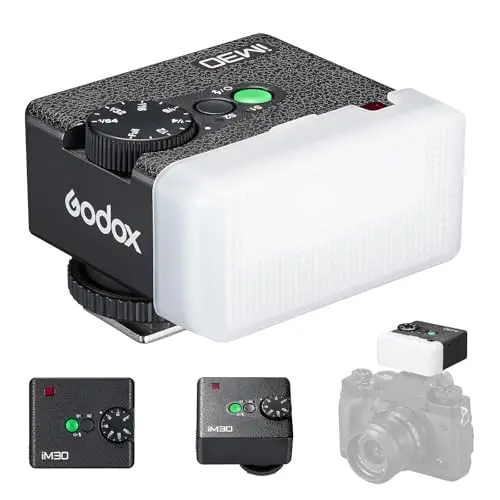 Godox IM30 Mini Flash De Bolsillo Manual Speedlite,S1/S2 Portable Flash De Zapata con Control óptico 7 Niveles De Potencia 6500K±200K Temperatura De Color para Sony,Canon,Nikon(con difusor Tricolor)