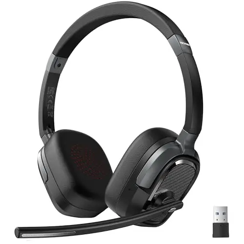TECKNET Auriculares Inalámbricos Bluetooth Diadema, Cascos Inalambricos con Micrófono, Cancelación Ruido ENC, +50h Autonomía, Conexión Bluetooth/USB-A para PC, Portátil, Skype y Centro de Llamadas