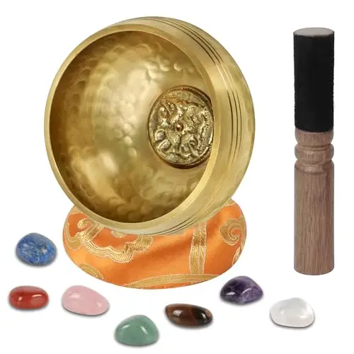 Cuenco tibetano tradicional de 8 cm con 7 cristales de chakra, hecho a mano en Nepal para meditación y yoga, idea de regalo para mujeres y hombres