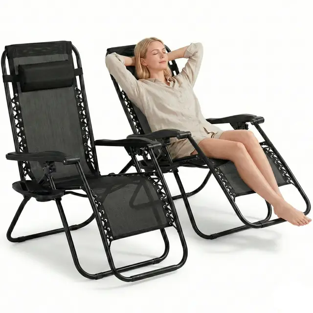 FORA Pack 2 Tumbonas Jardín Exterior Plegables – 176×67×110 Cm, Tubo 25mm y Tejido Transpirable, Color Negro, Reclinables con Bloqueo de Seguridad, Cojín Incluido, Plegado Rápido, 120Kg