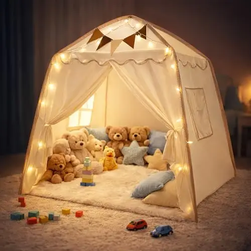 Tienda Campaña Infantil, Tipi Cabañas para Niños con Luces y Banderas Casa de Juegos Carpa de Princesa Casita de Juegos Grande Regalo con Ventanas para Interior y Exterior