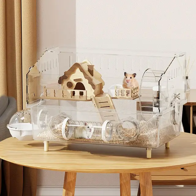 Jaula de hámster de acrílico con accesorios, jaula transparente para roedores de 45×30×33 cm con rueda, túnel, casa de madera, bebedero y cuenco para alimentos – Gran jaula para roedores pequeños para
