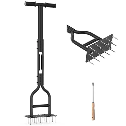 HYCHIKA Aireador Cesped para Cuidado de Suelo y Césped, 15 Pinchos de Acero Macizo, Mango en Forma de T, Escarificador de Cesped Herramientas hortícolas