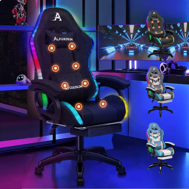 ALFORDSON Silla Gaming con Masaje y LED, Silla Gamer Ergonómica con Reposapiés Telescópico, Cojín Lumbar y Cervical, Iluminación para Juegos, Oficina, Ordenador, Videojuego, Lino(Negra)