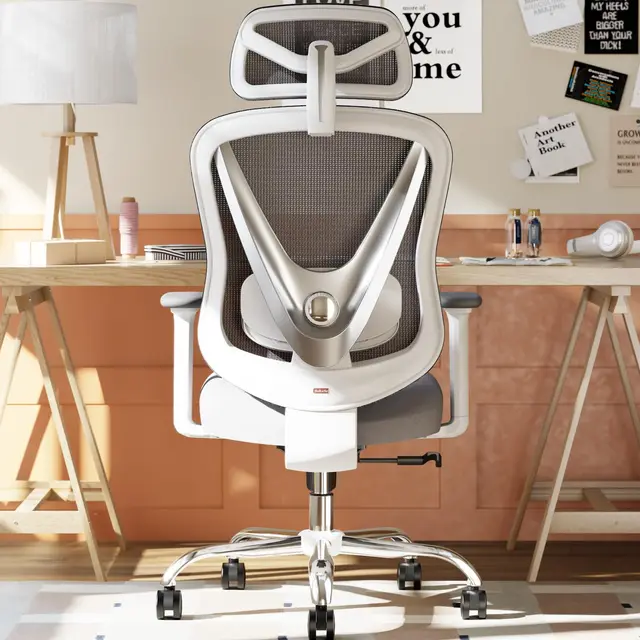 HOLLUDLE Silla de Oficina ergonómica con Soporte Lumbar 3D y reposabrazos 3D Ajustables – Diseño en Forma de V, Silla de Escritorio cómoda para Oficina y hogar, Blanca