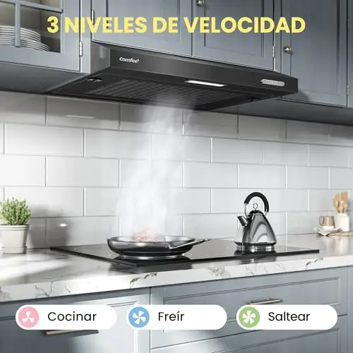 COMFEE' SLIF17-60 LED, Campana Extractora Bajo Encimera de 60 cm, 200 m³/h, 2 Modos de Extracción - 3 Niveles de Velocidad - Negra