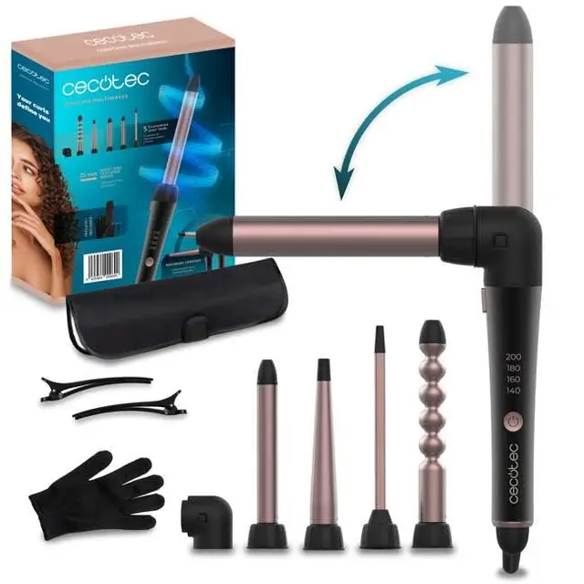 Cecotec Rizador de Pelo Multicabezal SurfCare MultiWaves, 5 Cabezales, Revestimiento cerámico, Temperatura regulable, 140 a 200º, Guante térmico, Estuche, 2 Clips, Cabezal especial 90º