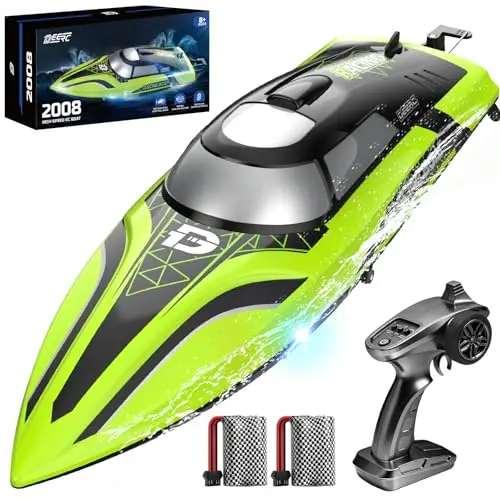 DEERC Barco RC con luz LED, más de 30 Minutos, para Piscinas y Lagos más de 20 mph, Barcos de Carreras de 2,4 GHz, 2 baterías, Juguetes de Piscina para niños, embarcaciones controladas por Radio